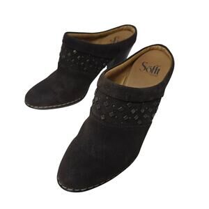 Sofft Sz7M W's Brown Suede Leather Studded pointed toes Mules high Heeled Clogs.